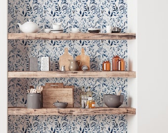 Watercolor Foliage, Indigo, Wallpaper