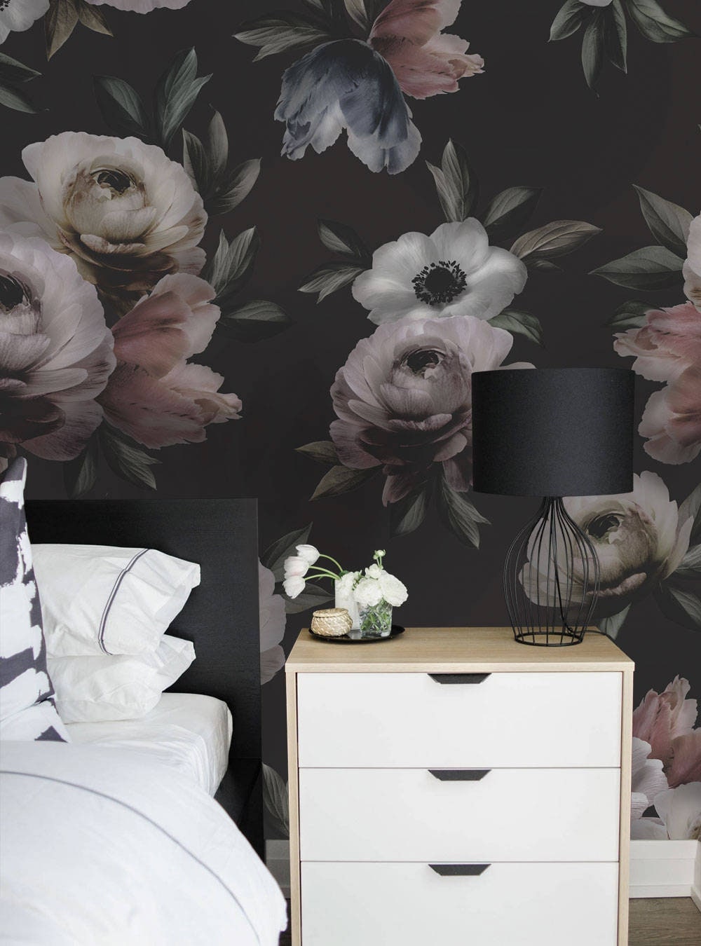 Dark Floral Mural Wallpaper: Midnight Flower Wall Art - Etsy