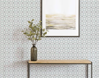 Flower Moroccan Tile Wallpaper, Blue, Peel and Stick or Traditional Unpasted