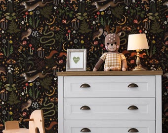 Mushroom Forest Wallpaper: Fairytale Moon & Stars Peel and Stick or Unpasted