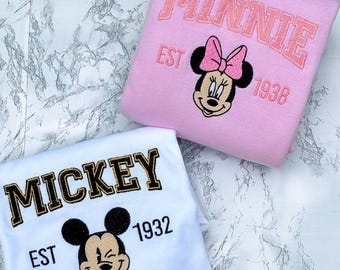 Mickey and Minnie Couple Embroidered T-Shirt, Disneyland Trip Couple Outfits, Disney Embroidery Hoodie, Mickey and Minnie Disney Sweatshirt