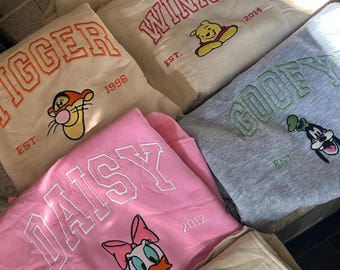 Custom Disney Characters Embroidered T-Shirt, Custom Family Matching Disneyland Trip Embroidery Crewneck, Custom Disney Hoodie With Name