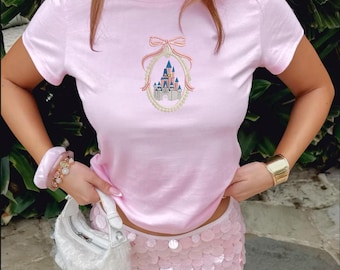 Disneyland Castle Coquette Embroidered Spaghetti Strap Tank Top, Fairytale Magic Princess Racer Tank, Disney Trip Girly Baby Tee