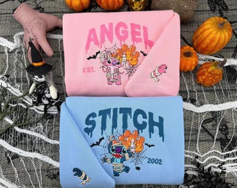 T-shirt ricamata coordinata Stitch e Angel per Halloween, felpa con cappuccio Disney Stitch e Angel per coppie, felpa con cappuccio Disney con ricamo per coppie