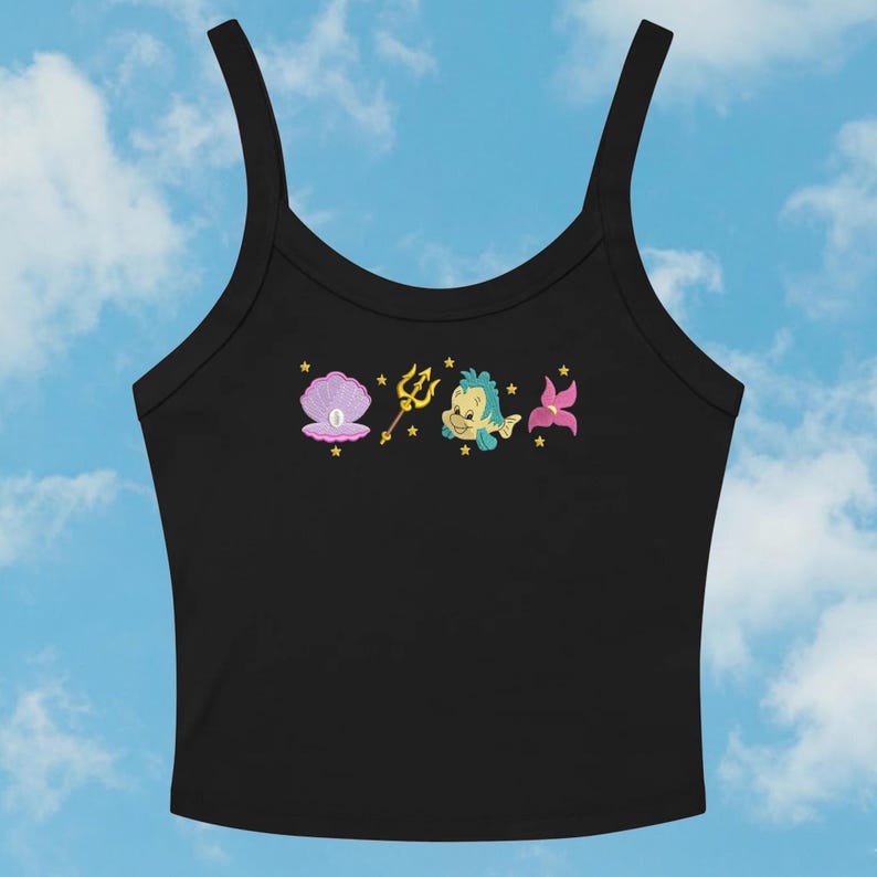 Little Mermaid Ariel Flounder Embroidered Spaghetti Strap Tank Top, Disney Princess Embroidery Racer Tank, Disneyland Fantasy Ocean Baby Tee image 3