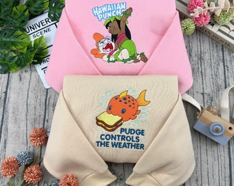 Camiseta bordada com o peixe Pudge e o ponche havaiano da Disney, suéter combinando para casal Lio e Stitch, moletom com capuz bordado de Lilo e Stitch da Disney