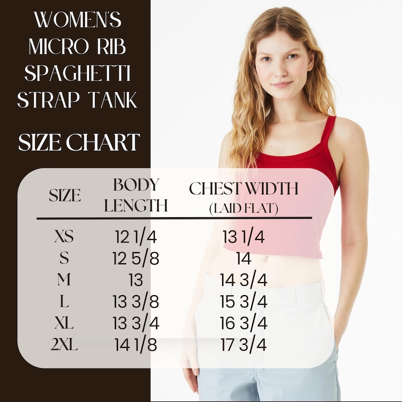 May include: A red micro rib spaghetti strap tank top with a size chart. The chart lists sizes XS to 2XL, with body lengths from 31.1 to 35.9 cm and chest widths from 33.7 to 45.1 cm.