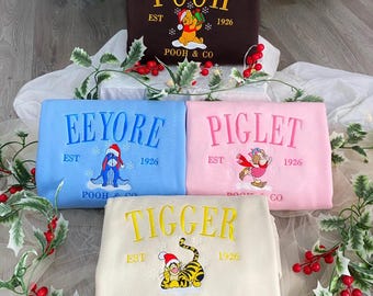Winnie The Pooh Christmas Embroidery T-Shirt, Winnie The Pooh Characters Crewneck Sweatshirt, Disneyland Embroidered Hoodie, Christmas Gift