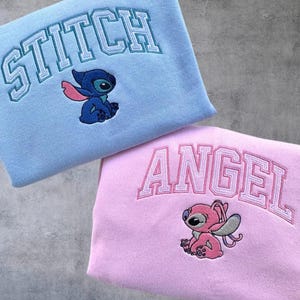 Stitch And Angel Matching Embroidered T-Shirt, Disney Lilo And Stitch Sweatshirt, Disney Couples Embroidery Hoodie, Stitch Angel Couple Tee