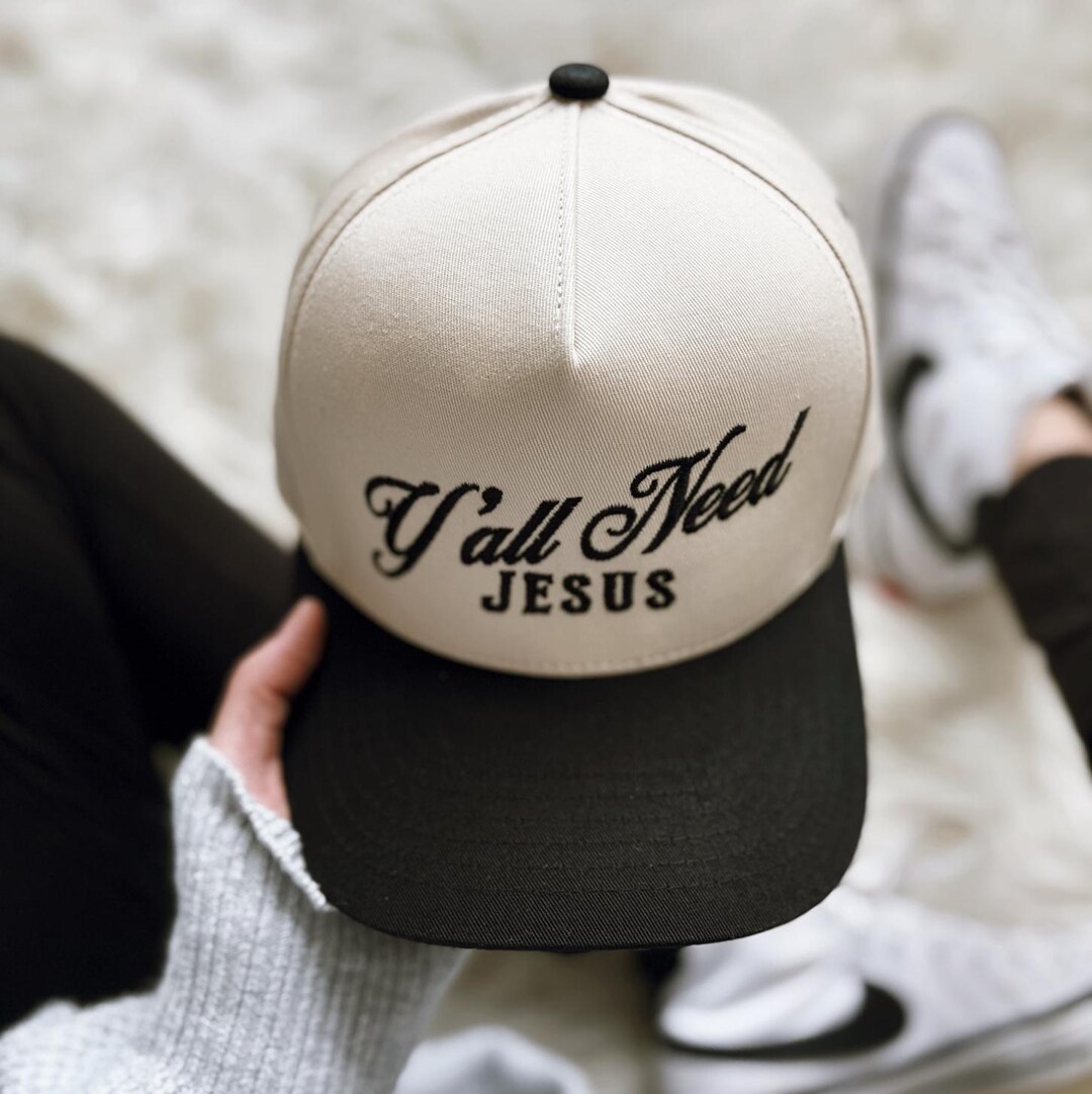 Y’All NEED JESUS Black and Cream Embroidered Cap / Trucker Y main image 4
