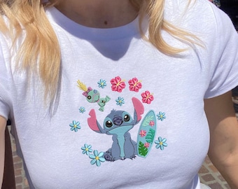 Disney Stitch Surfing Embroidered Spaghetti Strap Tank Top, Ohana Embroidery Racer Tank, Hawaiian Summer Baby Tee, Lilo and Stitch Tee