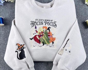 Hocus Pocus Embroidered T-Shirt, Sanderson Sisters Halloween Sweatshirt, Binx Black Cat Witch Hoodie, Disney Spooky Season Tee