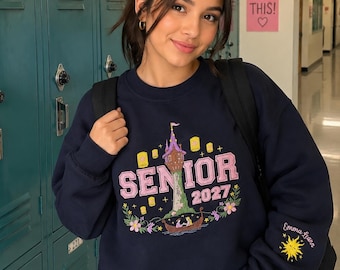 Disney Tangled Rapunzel Senior 2027 Embroidered T-Shirt, Graduation Sweatshirt, Personalized Name Sleeve Hoodie, Back to School Senior Gift