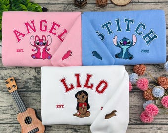 Disneyland Lilo Stitch And Angel Embroidered T-Shirt, Disney Matching Sweater, OHANA Means Family Disney Hawaii Embroidery Hoodie