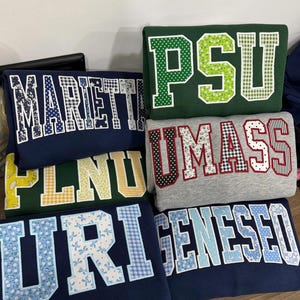 Custom Patchwork Embroidered T-Shirt, Personalized Varsity Applique Crewneck, Custom Varsity Floral Gingham Letter Hoodie, Sporty Sweater