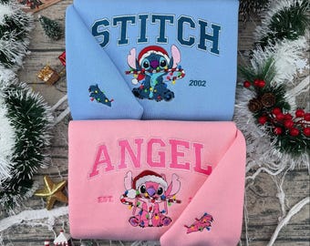 Disneyland Stich und Engel Weihnachten besticktes T-Shirt, Stich und Engel Passendes Sweatshirt, Cartoon Disney Weihnachten Stickerei Hoodie