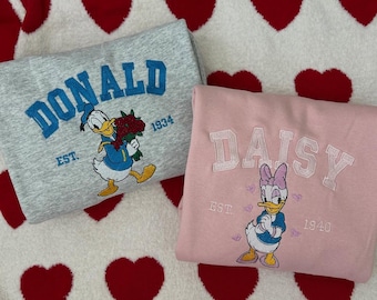 Donald And Daisy Valentine Embroidered T-Shirt, Disney Couple Valentine Embroidery Sweater, Disney Trip Embroidery Matching Hoodie