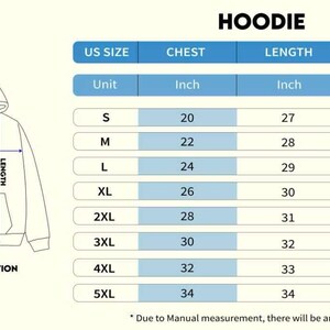 Może przedstawiać: Ilustracja białej bluzy z kapturem z tabelą rozmiar&oacute;w. Tabela pokazuje wymiary klatki piersiowej, długości i rękawa w calach dla rozmiar&oacute;w od S do 5XL. Tekst "HOODIE" znajduje się na g&oacute;rze.