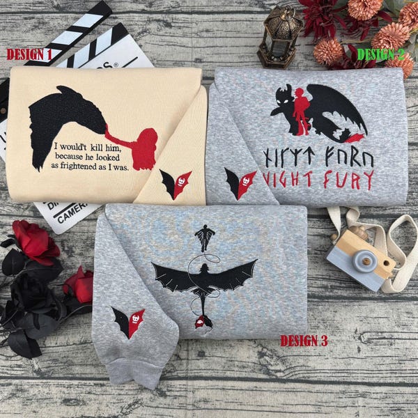 The Night Fury Dragon HTTYD Embroidered T-Shirt, How To Train Dragon Matching Sweater,Dragon Trainer Disney Embroidery Hoodie