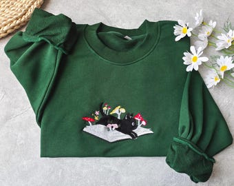 Cute Black Cat And Books Mushroom Embroidered T-Shirt, Cat Lovers Sweatshirt, Cute Black Cat Embroidery Hoodie, Cottagecore Cat Book Shirt
