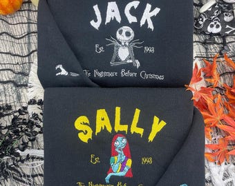 Jack und Sally Halloween Besticktes T-Shirt, Alptraum vor Weihnachten Besticktes Sweatshirt, Disney Jack und Sally Paar Hoodie