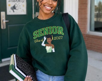 Disney Tiana Princess Senior Class of 2027 Embroidered T-Shirt, Custom Year Graduation Sweater, Personalized Name Sleeve Hoodie, Senior Gift