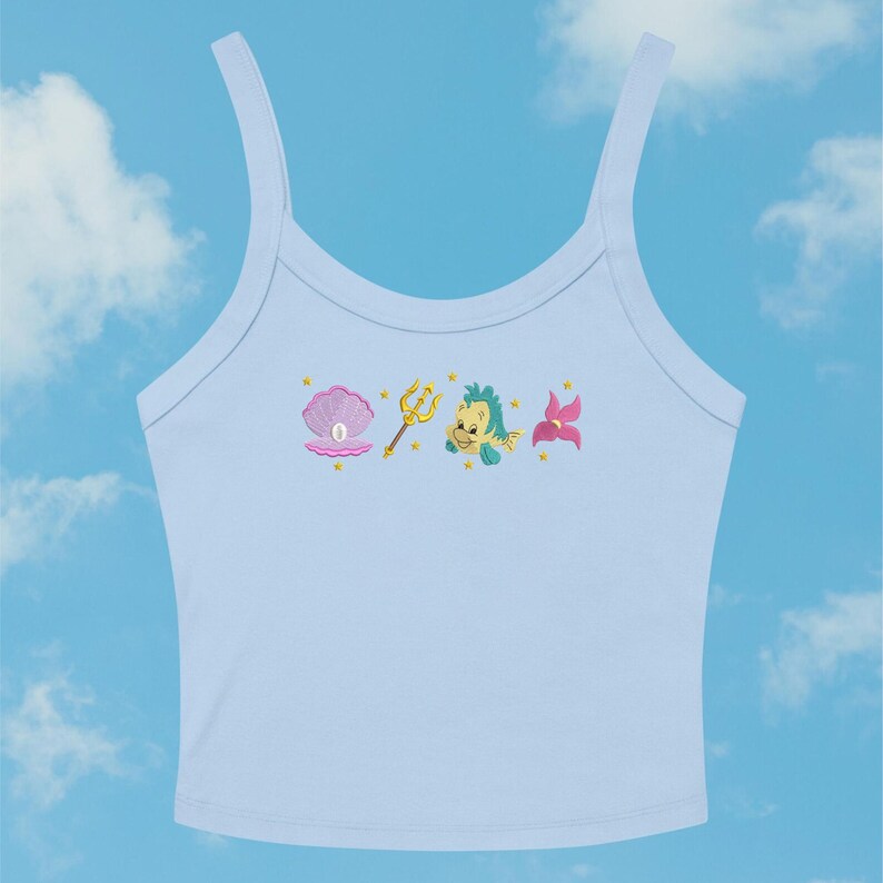 Little Mermaid Ariel Flounder Embroidered Spaghetti Strap Tank Top, Disney Princess Embroidery Racer Tank, Disneyland Fantasy Ocean Baby Tee image 2