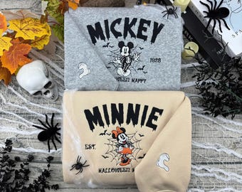 Mickey and Minnie Halloween Matching Embroidered T-Shirt, Disney Mickey And Minnie Couple Sweatshirt, Disney Couples Embroidery Hoodie