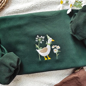 Cute Duck Embroidered T-Shirt, Duck And Flowers Sweatshirt, Duck Lover Embroidery Hoodie, Cottagecore Duck Shirt