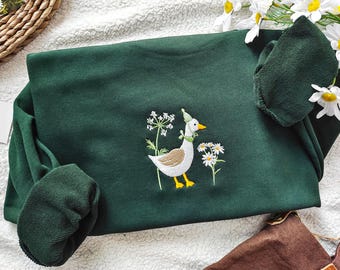 T-shirt brodé d'oie mignon, sweat-shirt d'oie et de fleurs, sweat à capuche brodé d'oie, chemise d'oie Cottagecore