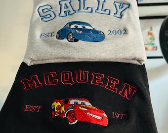 Camiseta bordada a juego de Cars, sudadera de Cars de Disney, sudadera con capucha bordada de parejas de Disney, camiseta de pareja de McQueen y Sally, camiseta de la película Cars