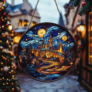 Magic Castle Stained Glass Suncatcher, Magical School Stained Glass Ornament, Fantasy Inspired Gift, Halloween and Christmas Window Hanging