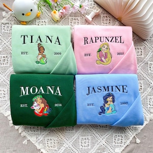 Prinzessin Disney Besticktes T-Shirt, Tiana Rapunzel Jasmin Moana Besticktes Sweatshirt, Disney Charakter Stickerei Hoodie