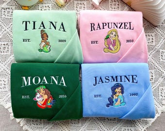 Prinzessin Disney Besticktes T-Shirt, Tiana Rapunzel Jasmin Moana Besticktes Sweatshirt, Disney Charakter Stickerei Hoodie