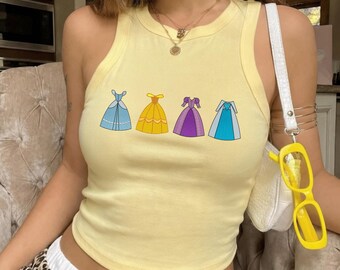 Personalized Disney Princess Dresses Line-Up Embroidered Spaghetti Strap Tank Top, Disney Princess Embroidery Racer Tank, Disney Girls Tee