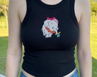 Disney Dumbo Embroidered Spaghetti Strap Tank Top, Cute Flying Elephant Embroidery Racer Tank, Disney Elephant Baby Tee