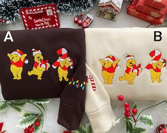 Winnie The Pooh Embroidered Christmas T-Shirt, Winnie The Pooh Merry Christmas Sweater, Pooh Bear Xmas Embroidery Hoodie, Christmas Gift