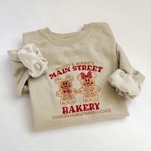 Mickey And Minnie Gingerbread Christmas Embroidered T-Shirt, Mickey And Minnie Main Street Bakery Embroidery Sweater, Disneyland Xmas Hoodie