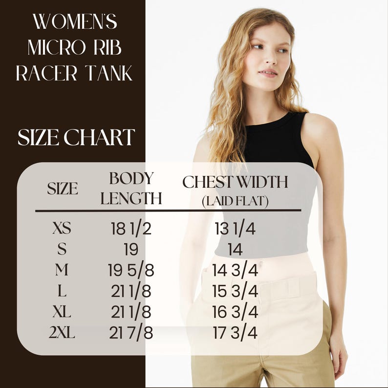 May include: A black micro rib racer tank top. The image includes a size chart with body length and chest width measurements in inches for sizes XS to 2XL. The model is wearing the tank top and khaki trousers.