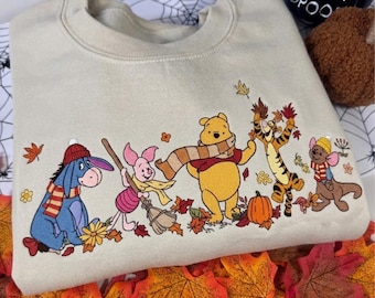 Winnie the Pooh Autumn Vibes Embroidered T-Shirt, Tigger Piglet Eeyore Halloween Sweatshirt, Disney Pumpkin Hoodie, Disney Spooky Season Tee