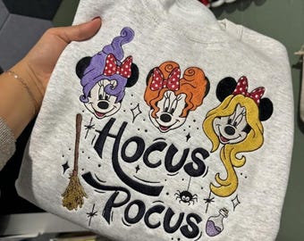 Disney Minnie Mouse Hocus Pocus Embroidered T-Shirt, Sanderson Sisters Halloween Sweatshirt, Witchy Minnie Halloween Hoodie