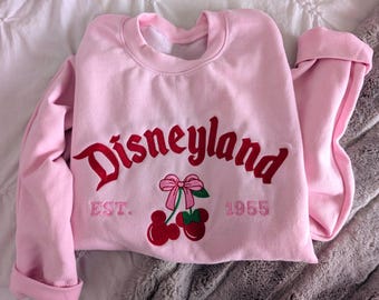 Coquette Disneyland Mickey Cherry Embroidered T-Shirt, Disney Cherry Bow Embroidery Sweatshirt, Disney Trip Hoodie, Family Matching Tee