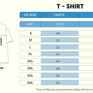 Może przedstawiać: Tabela rozmiar&oacute;w koszulek zatytułowana "T-SHIRT", z wymiarami w calach. Tabela przedstawia rozmiary amerykańskie od S do 5XL, obwody klatki piersiowej od 45,7 cm do 81,3 cm i długości od 71,1 cm do 88,9 cm. Zawiera ilustrację koszulki.