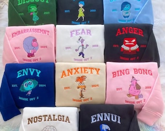 Inside Out Full Emotion Stickerei T-Shirt, Inside Out Charaktere Rundhals-Sweatshirt, Familienurlaub bestickter Hoodie, Familienausflug T-Shirt