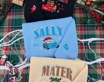 Camiseta bordada navideña de Cars de Disneyland, sudadera a juego de McQueen Mater y Sally, sudadera con capucha bordada navideña de Cars de Disney