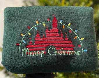 Vrolijk kerstfeest geborduurd Disney-kasteel T-shirt, Disneyland kerstborduurtrui, Disneyland kerstlicht geborduurde hoodie