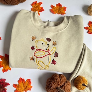 Winnie The Pooh Autumn Leaves Embroidered T-Shirt, Winnie The Pooh Hello Autumn Sweater, Cute Winnie The Pooh Halloween Embroidery Hoodie