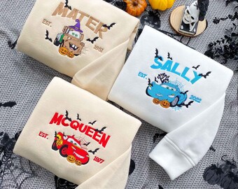 Camiseta bordada de Halloween con el Rayo McQueen, suéter bordado de la película Cars, sudadera con capucha bordada a juego con personajes de dibujos animados