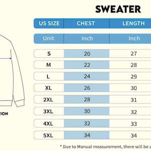 Może przedstawiać: Ilustracja swetra z wymiarami klatki piersiowej, długości i rękawa w calach. Tabela rozmiar&oacute;w pokazuje rozmiary amerykańskie od S do 5XL z odpowiednimi wymiarami. Słowo "SWEATER" znajduje się na g&oacute;rze.
