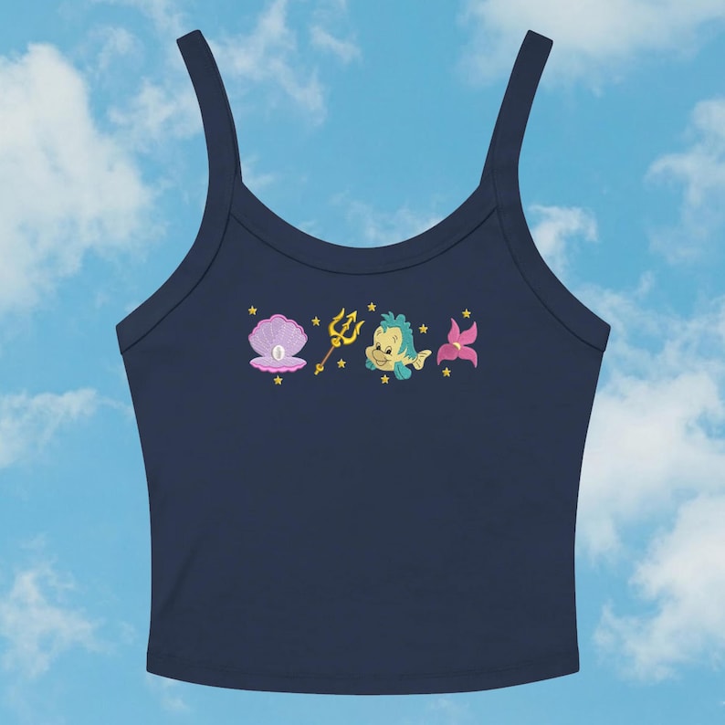 Little Mermaid Ariel Flounder Embroidered Spaghetti Strap Tank Top, Disney Princess Embroidery Racer Tank, Disneyland Fantasy Ocean Baby Tee image 1